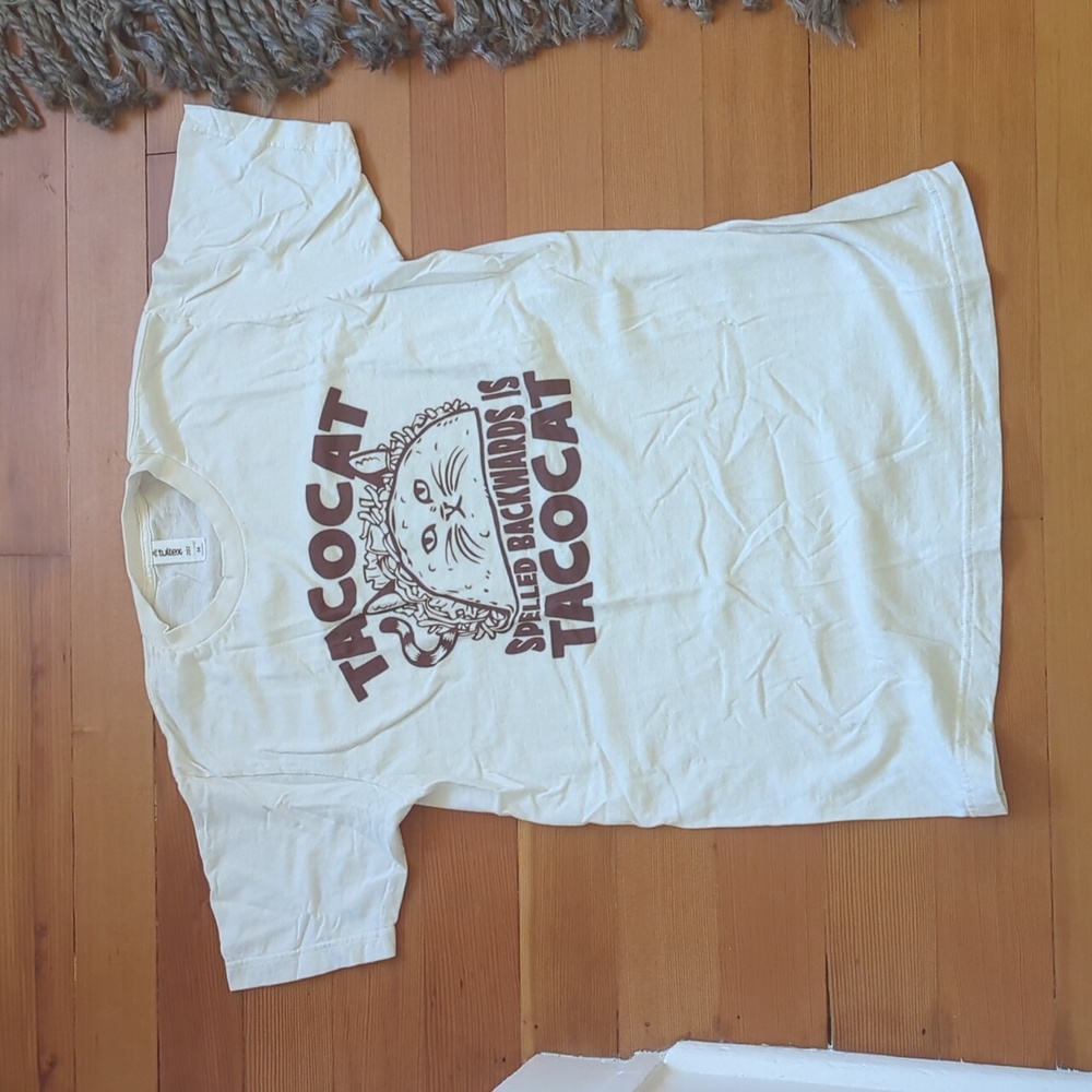 Tacocat Backwards Shirt Medium Cream and Brown Tultex